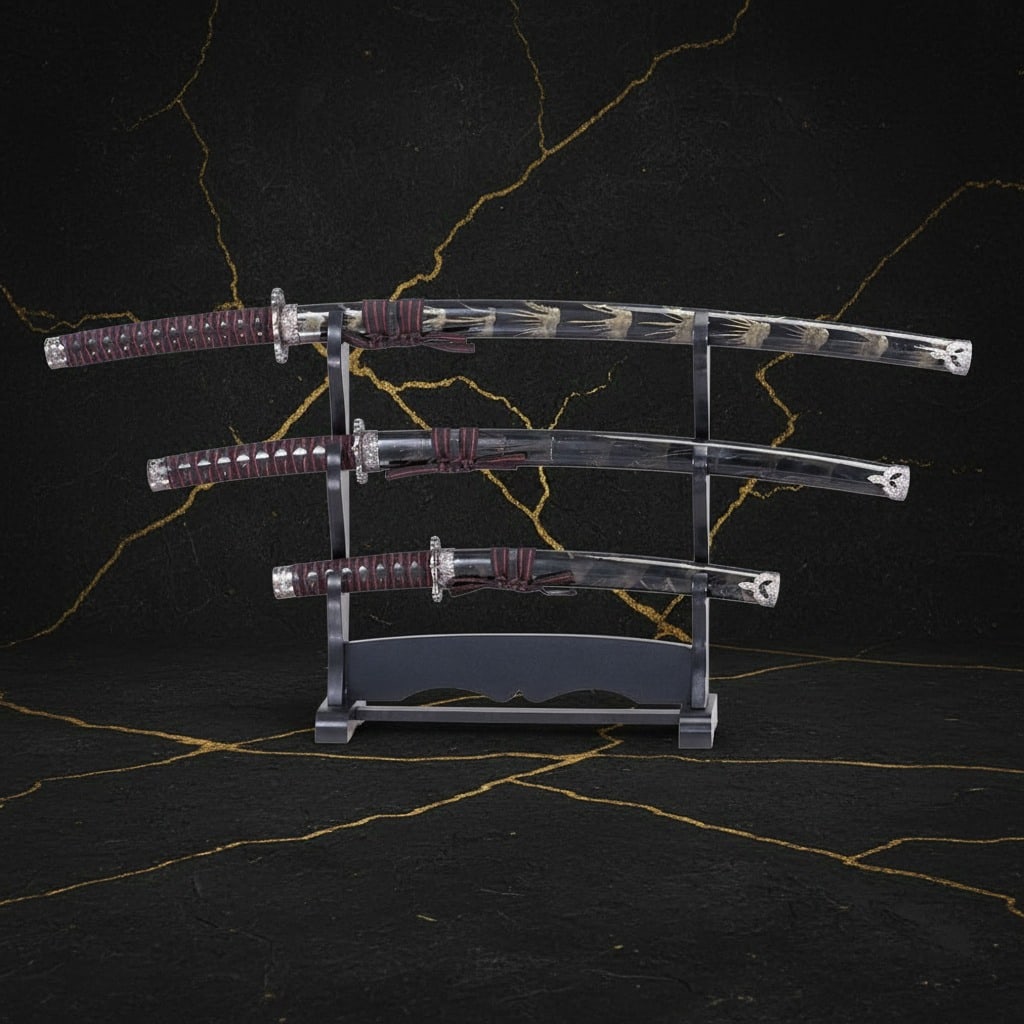 Black Samurai Katana Sword Set Gold Splatter Design with Display Stand (1 of 2)