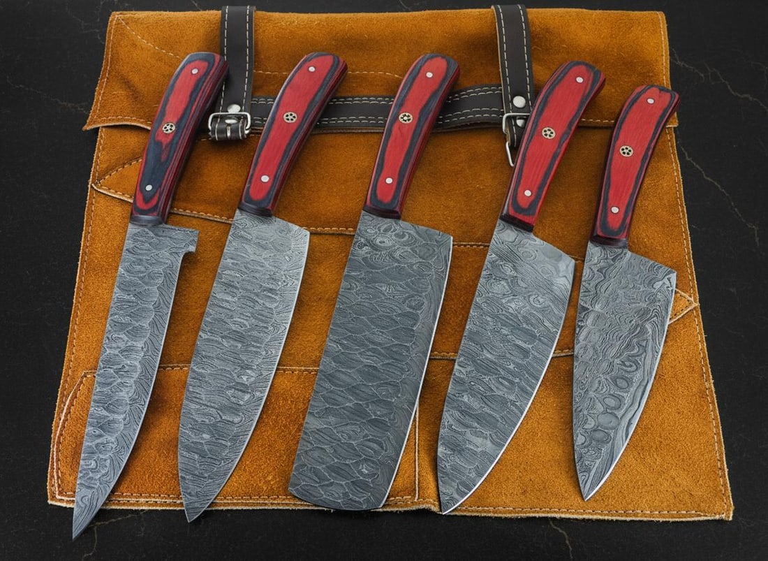 Artisan Forged 5pc Damascus Steel Chef Knife Set with Hardwood Handles for Kitchen and BBQ - 2