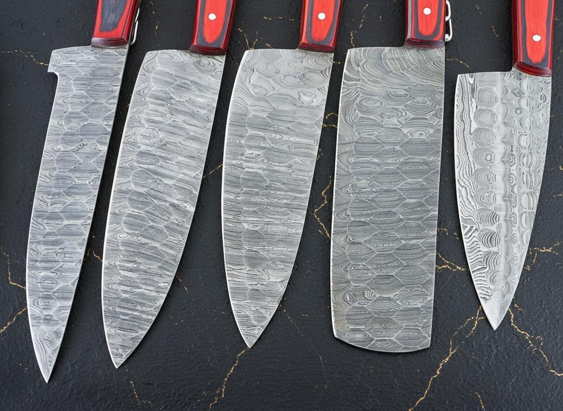 Artisan Forged 5pc Damascus Steel Chef Knife Set with Hardwood Handles for Kitchen and BBQ - 3