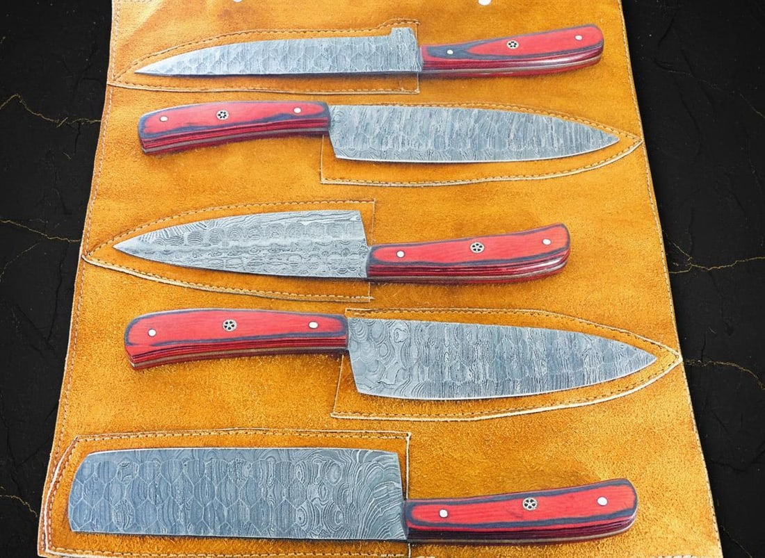 Artisan Forged 5pc Damascus Steel Chef Knife Set with Hardwood Handles for Kitchen and BBQ - 4