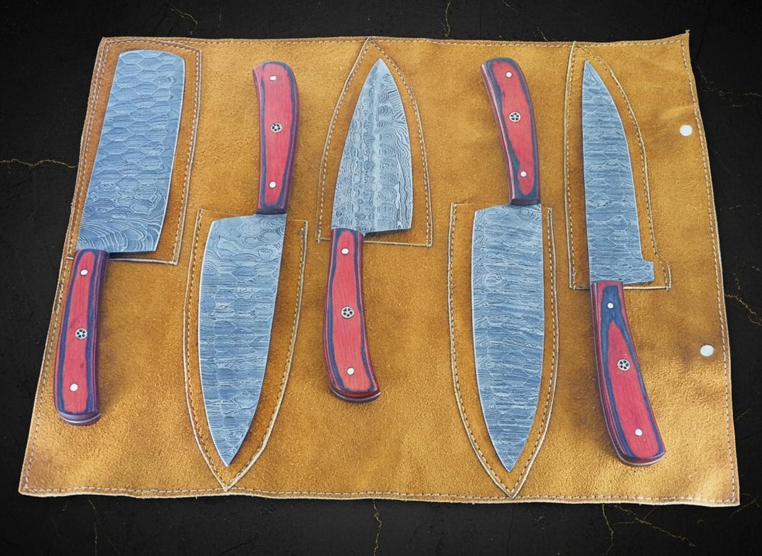 Artisan Forged 5pc Damascus Steel Chef Knife Set with Hardwood Handles for Kitchen and BBQ - 5