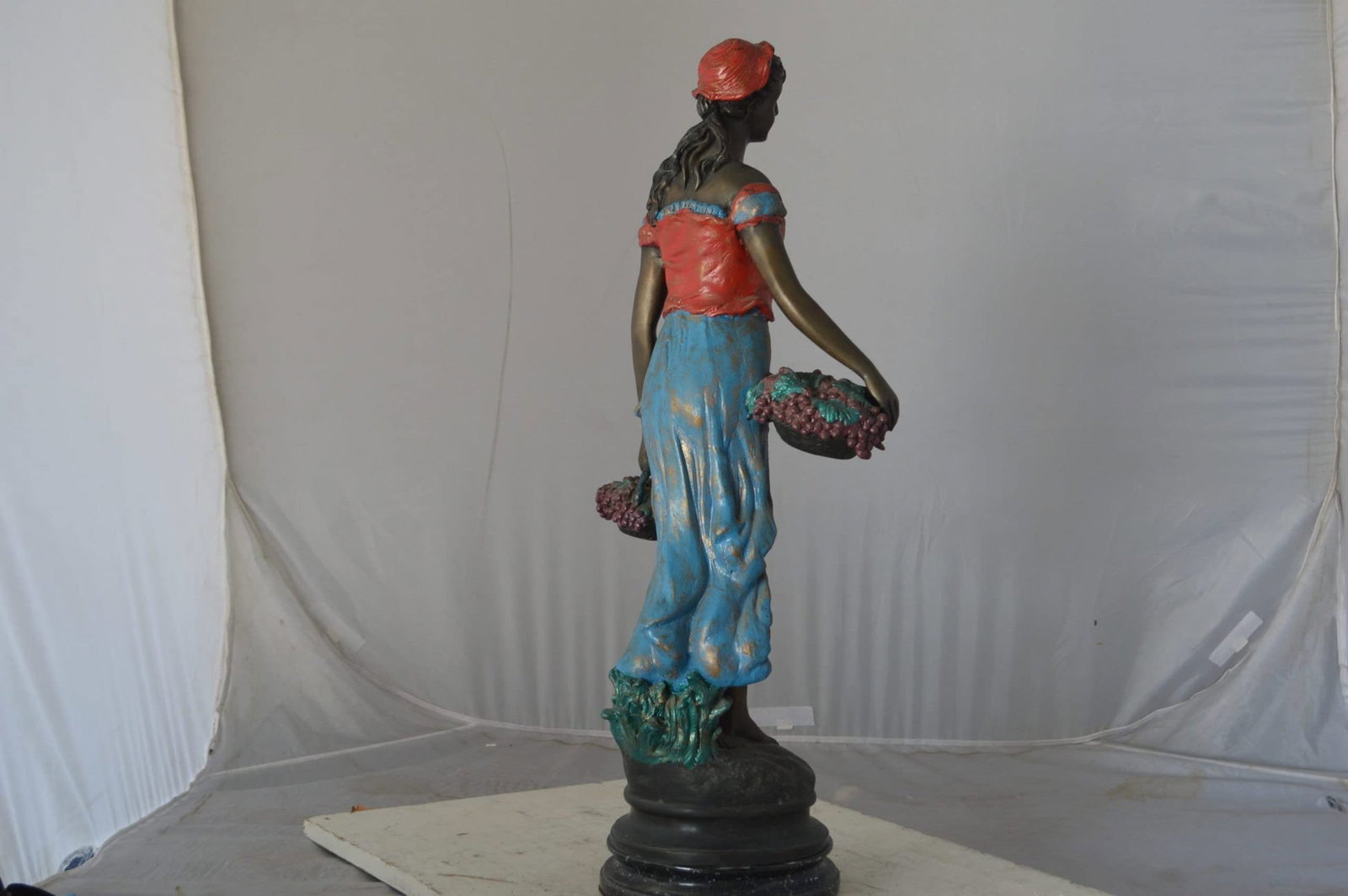 Beautiful lady with grapes bronze statue - Size: 14"L x 6"W x 20"H. - 10