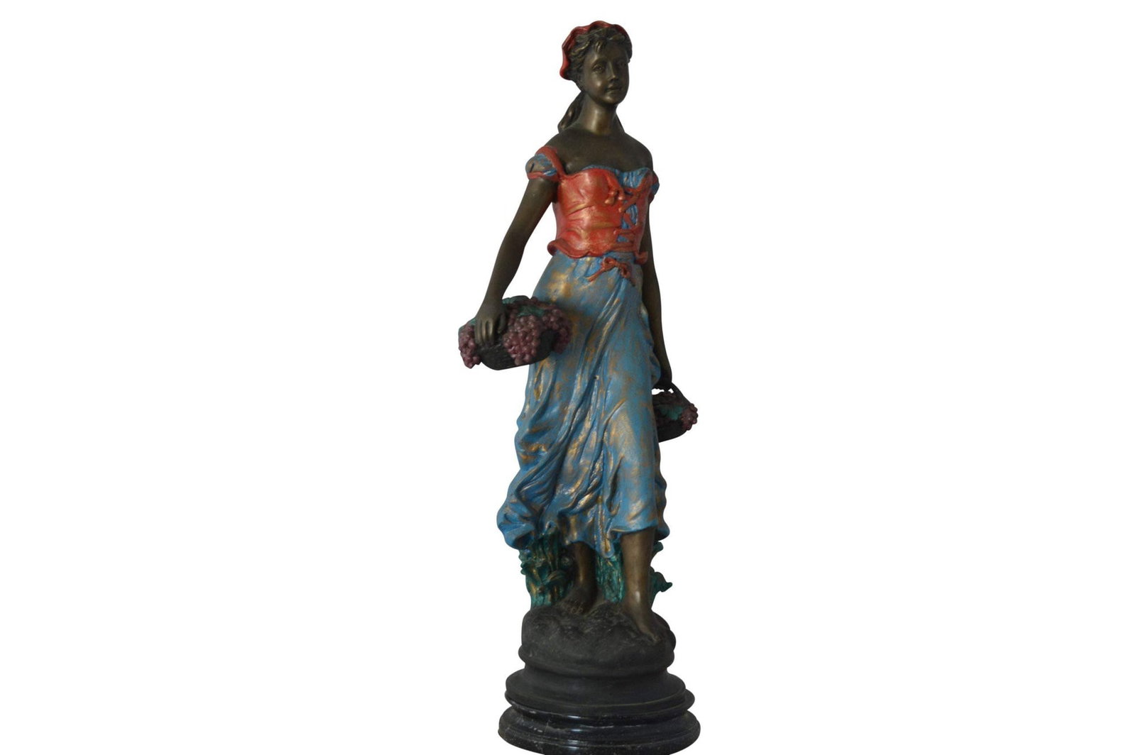 Beautiful lady with grapes bronze statue - Size: 14"L x 6"W x 20"H.: Title:Beautiful lady with grapes bronze statue - Size: 14"L x 6"W x 20"H. Description:This bronze statue shows a young woman going about gracefully while carrying baskets of grapes in both hands. For 