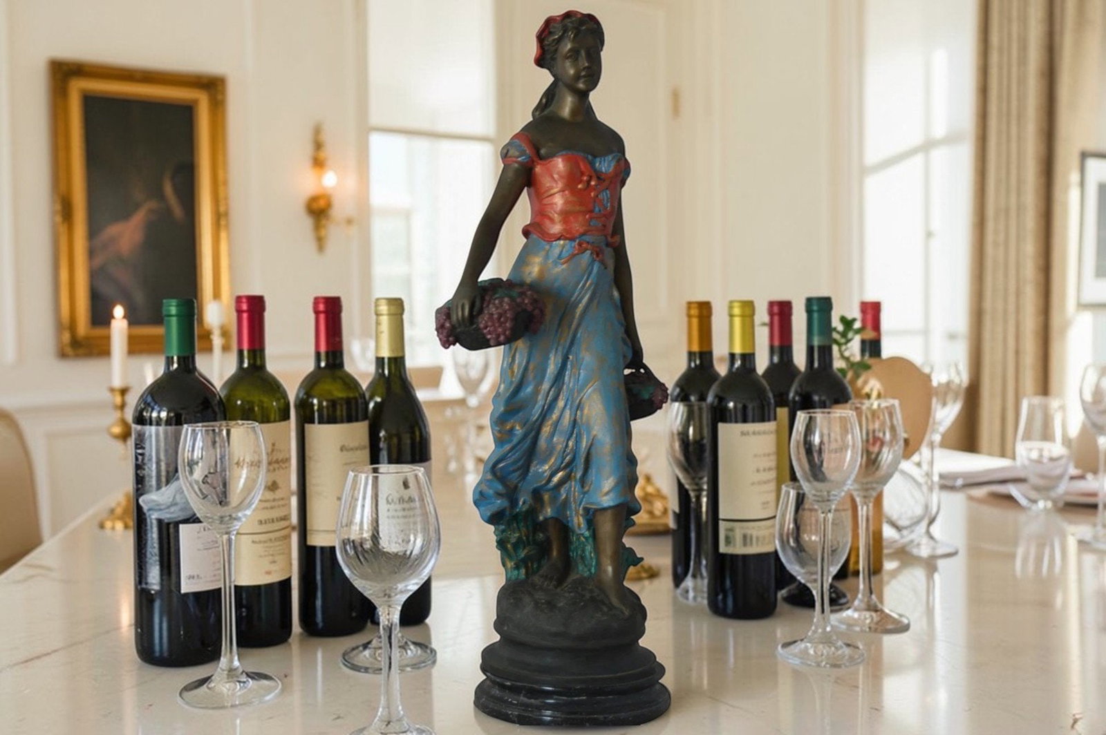 Beautiful lady with grapes bronze statue - Size: 14"L x 6"W x 20"H. - 2