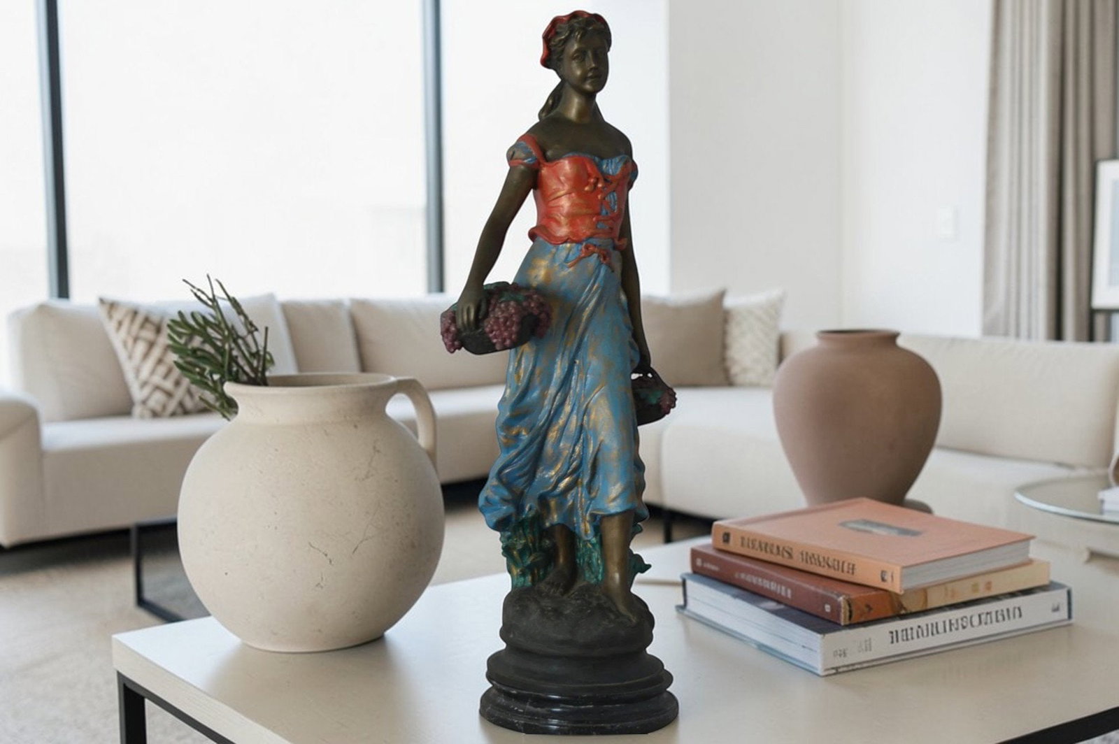 Beautiful lady with grapes bronze statue - Size: 14"L x 6"W x 20"H. - 3