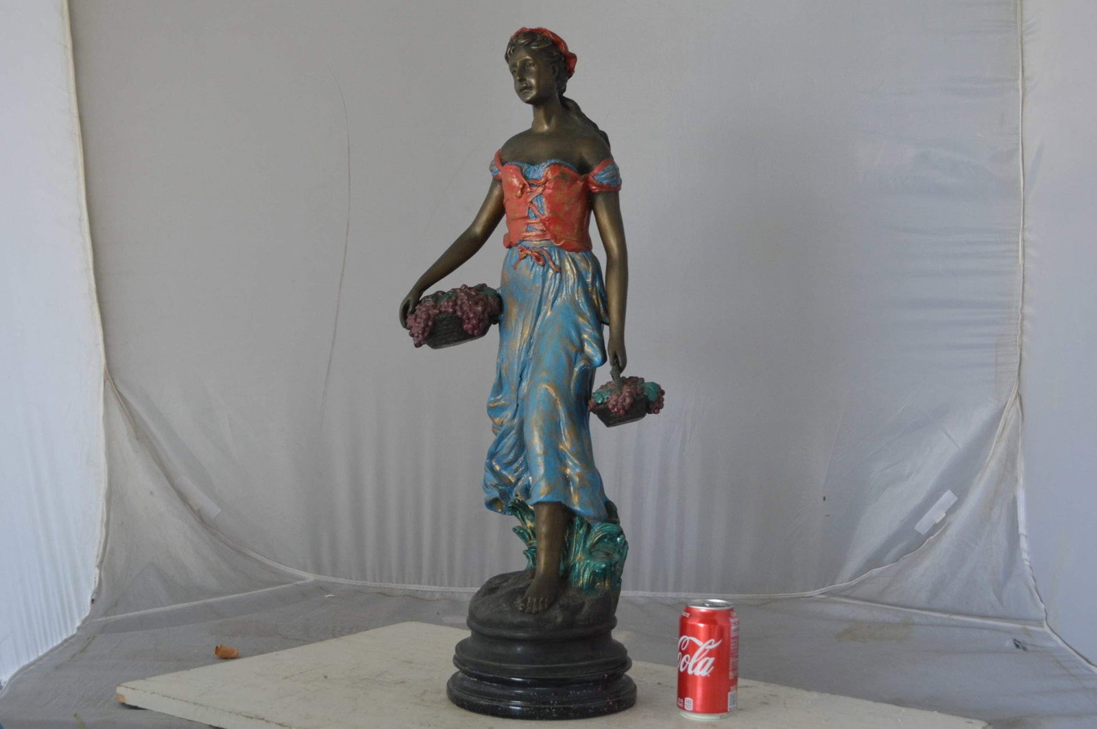 Beautiful lady with grapes bronze statue - Size: 14"L x 6"W x 20"H. - 4