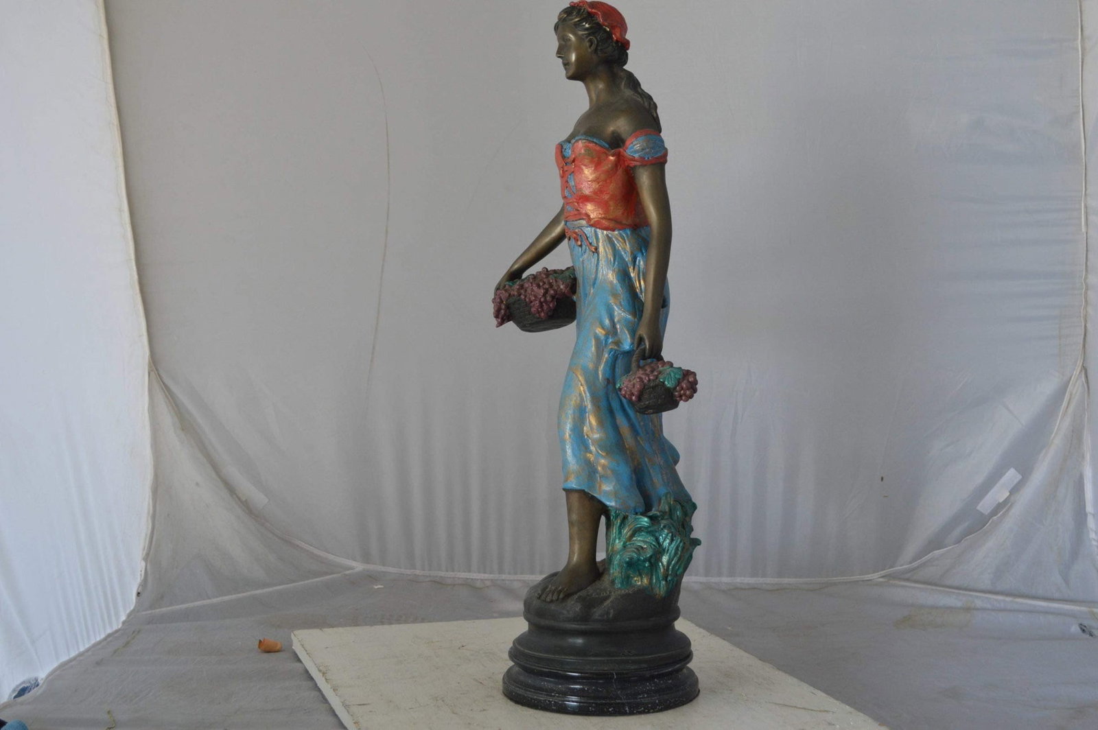 Beautiful lady with grapes bronze statue - Size: 14"L x 6"W x 20"H. - 5