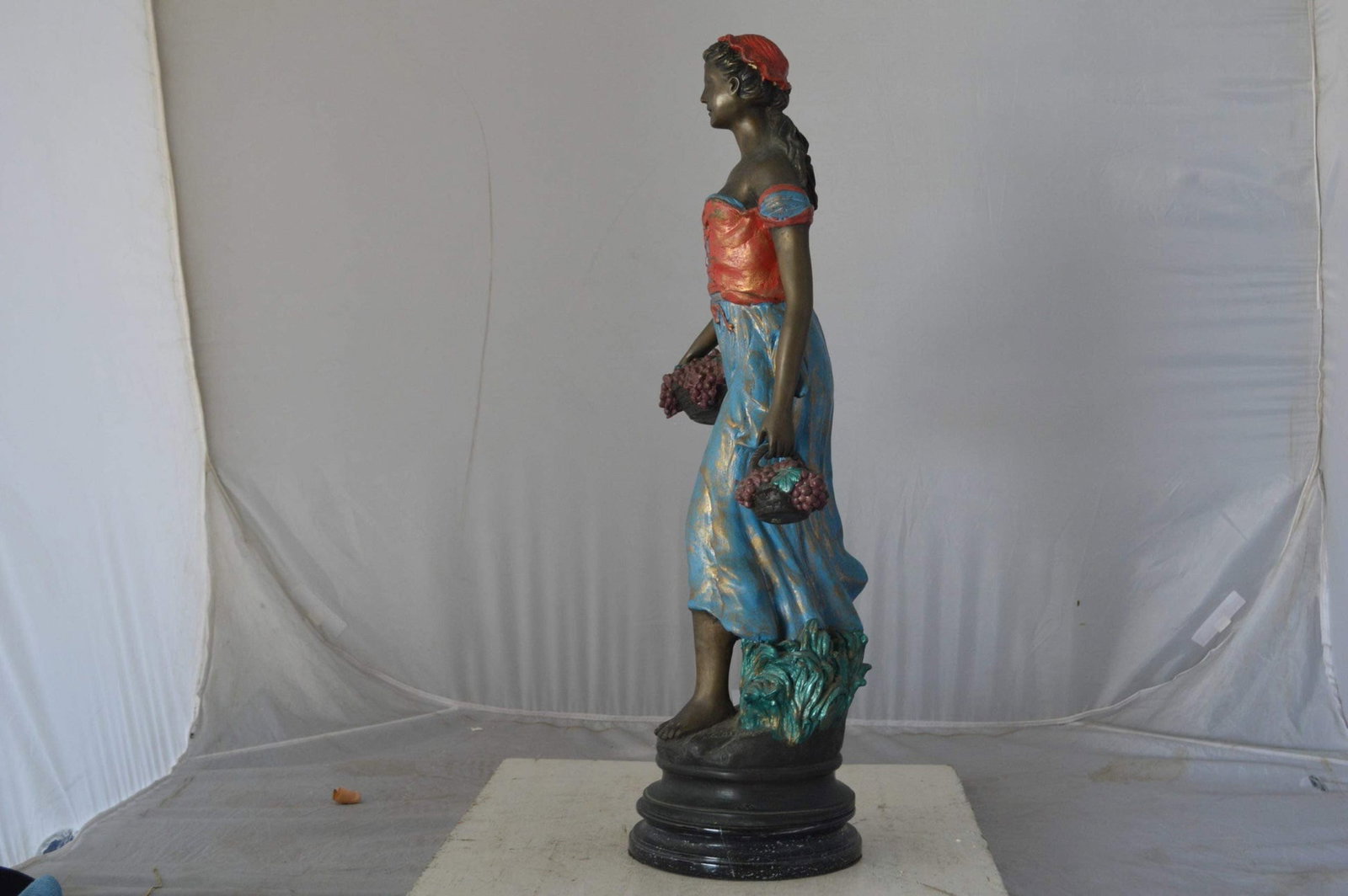 Beautiful lady with grapes bronze statue - Size: 14"L x 6"W x 20"H. - 6
