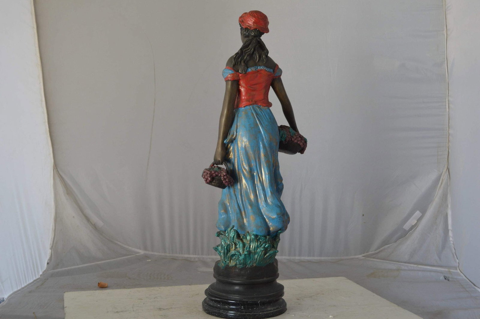 Beautiful lady with grapes bronze statue - Size: 14"L x 6"W x 20"H. - 8