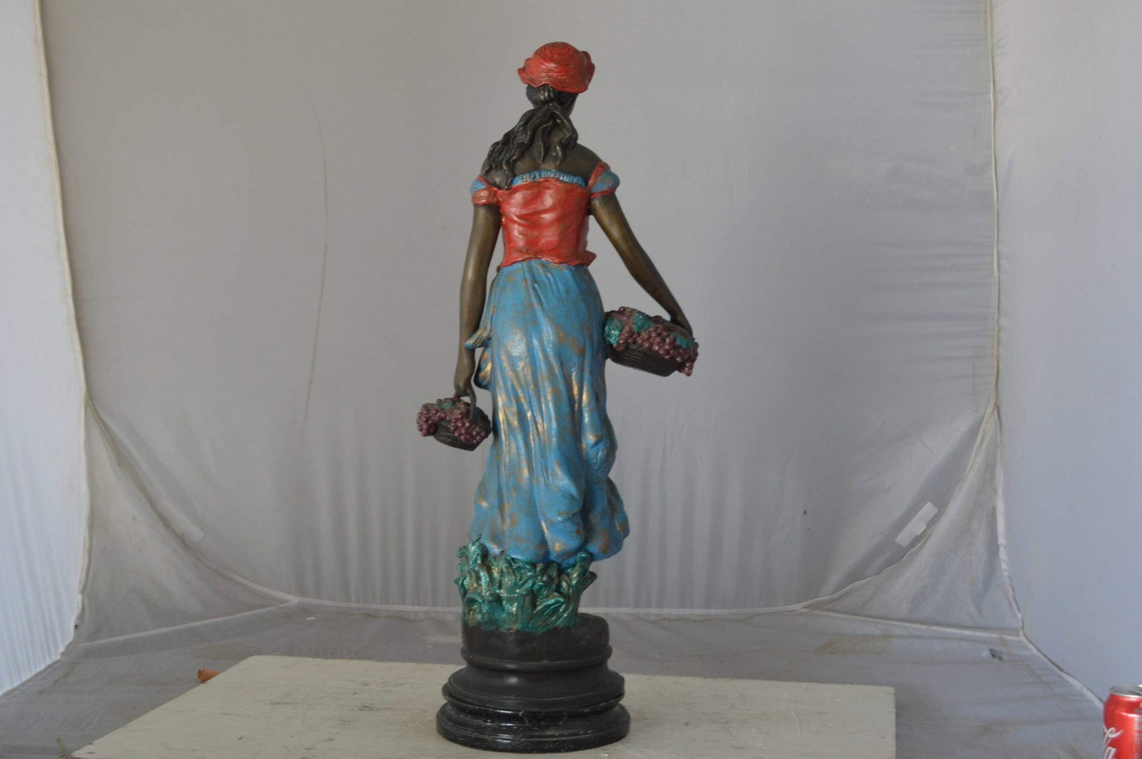 Beautiful lady with grapes bronze statue - Size: 14"L x 6"W x 20"H. - 9