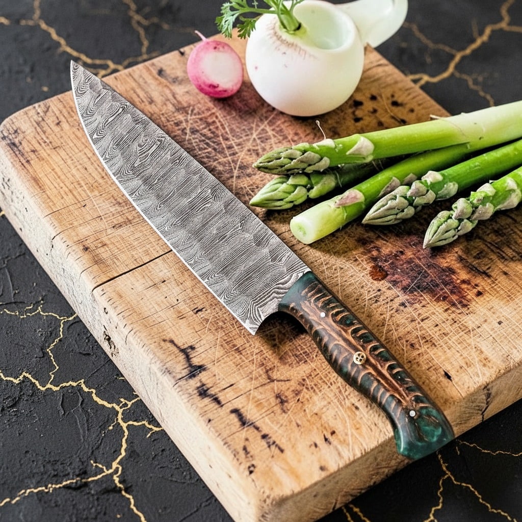 Handcrafted Damascus Steel Chef Knife, Stabilized Pinecone Handle, Forged: Title:Handcrafted Damascus Steel Chef Knife, Stabilized Pinecone Handle, Forged Description:This custom hand-forged chef utility knife features a Damascus steel blade with a unique twist pattern and a