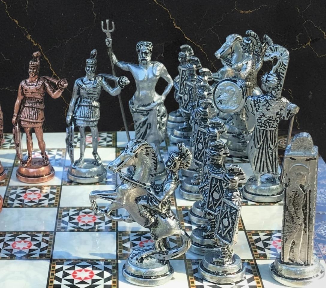 Handcrafted Turkish Mythology Chess Set with Gold Silver Metal Pieces and Wooden Board - 11