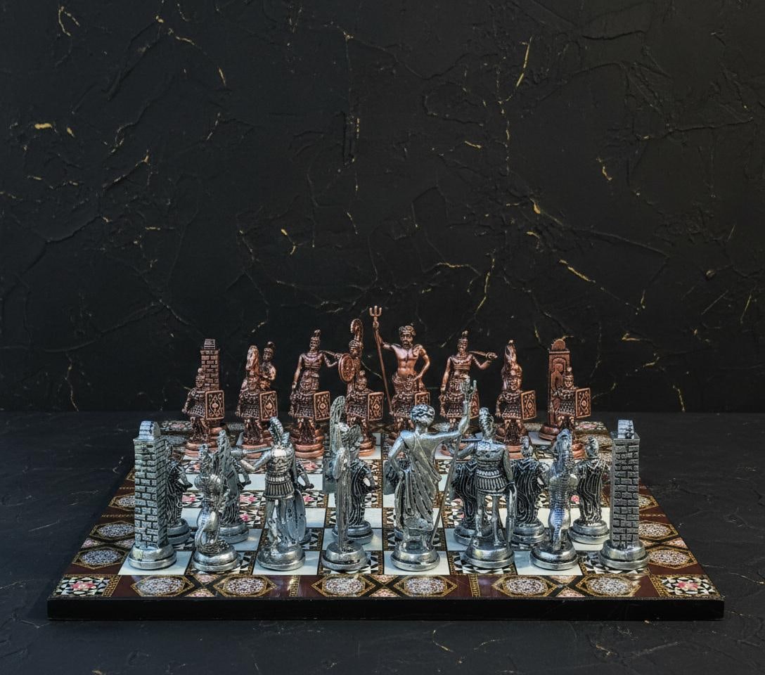 Handcrafted Turkish Mythology Chess Set with Gold Silver Metal Pieces and Wooden Board - 12