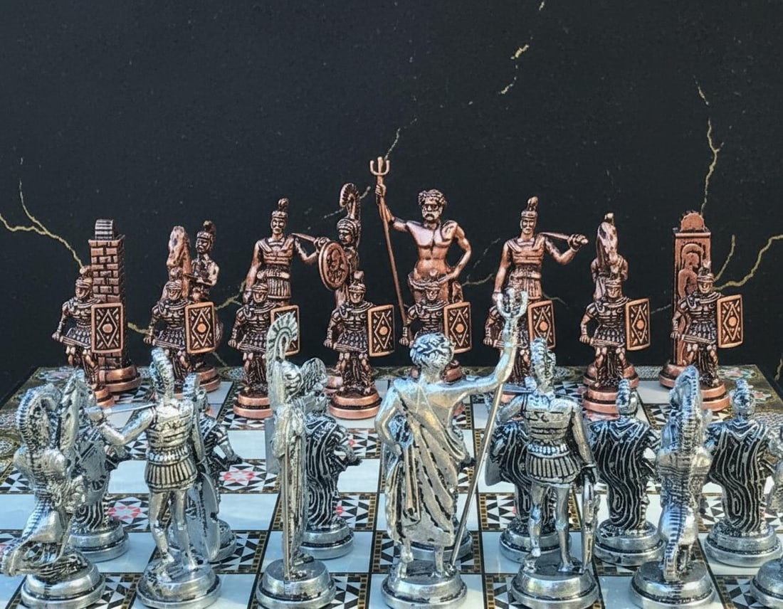 Handcrafted Turkish Mythology Chess Set with Gold Silver Metal Pieces and Wooden Board - 13