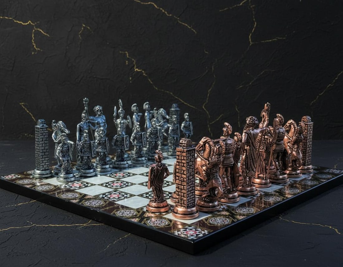 Handcrafted Turkish Mythology Chess Set with Gold Silver Metal Pieces and Wooden Board - 2