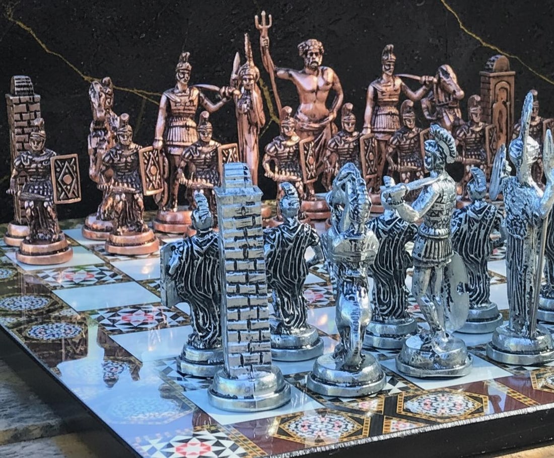 Handcrafted Turkish Mythology Chess Set with Gold Silver Metal Pieces and Wooden Board - 3
