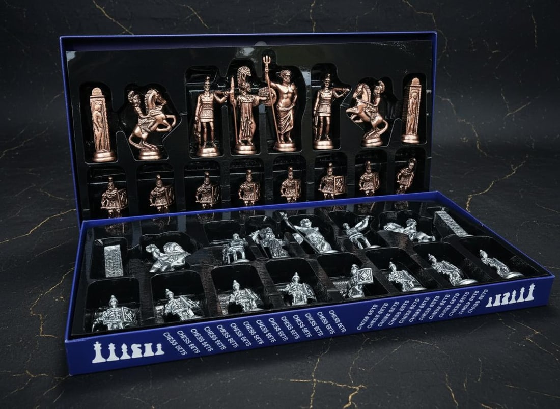 Handcrafted Turkish Mythology Chess Set with Gold Silver Metal Pieces and Wooden Board - 4