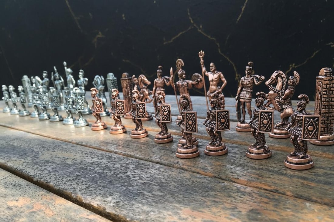 Handcrafted Turkish Mythology Chess Set with Gold Silver Metal Pieces and Wooden Board - 5