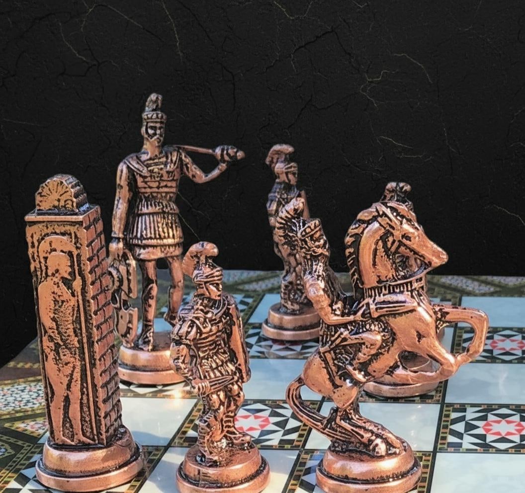 Handcrafted Turkish Mythology Chess Set with Gold Silver Metal Pieces and Wooden Board - 6