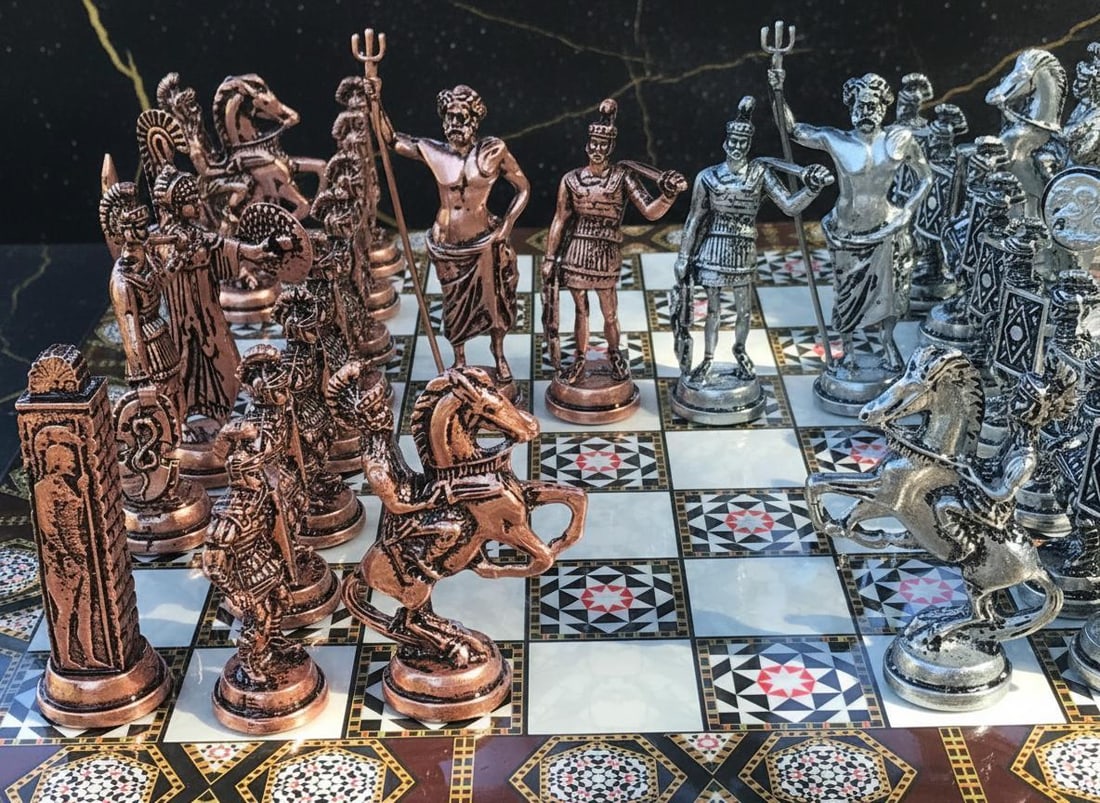 Handcrafted Turkish Mythology Chess Set with Gold Silver Metal Pieces and Wooden Board - 7