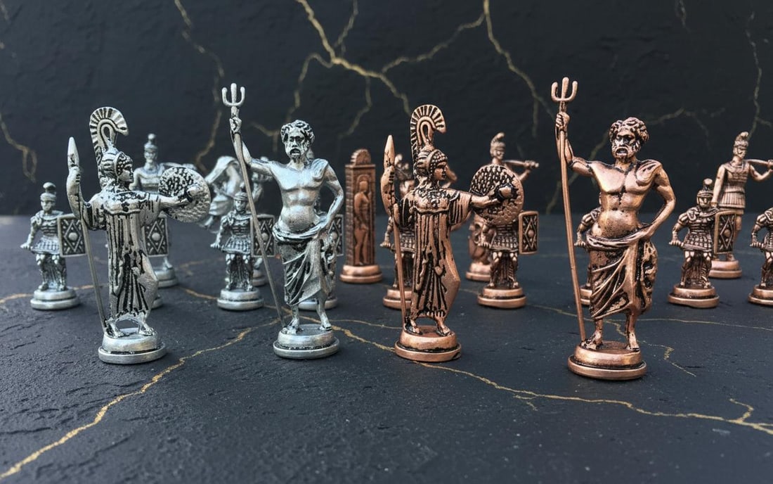 Handcrafted Turkish Mythology Chess Set with Gold Silver Metal Pieces and Wooden Board - 9