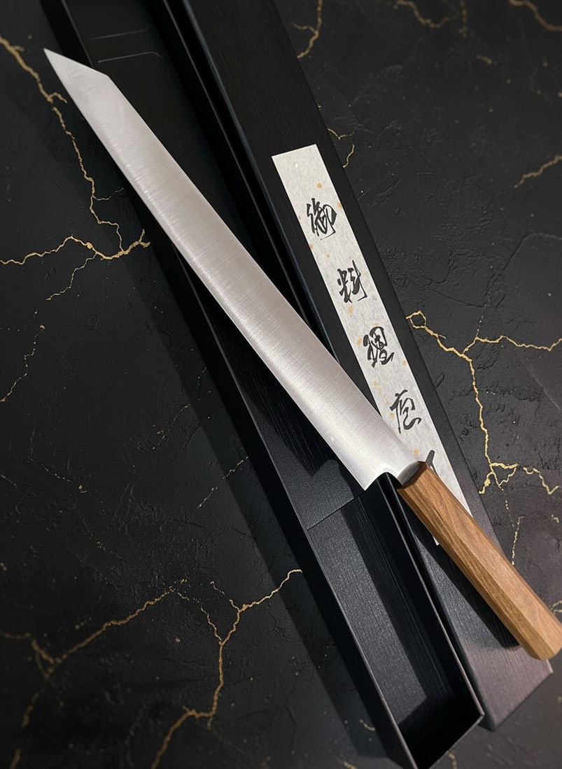 270mm Professional Slicing Knife 9Cr15MoV Steel Octagonal Wooden Handle: Title:270mm Professional Slicing Knife 9Cr15MoV Steel Octagonal Wooden Handle Description:This expertly crafted sujihiki knife is designed for precise slicing tasks, including preparing sashimi,