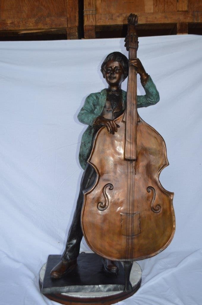 Boy playing cello large bronze statue - Size: 19"L x 22"W x 59"H. - 3