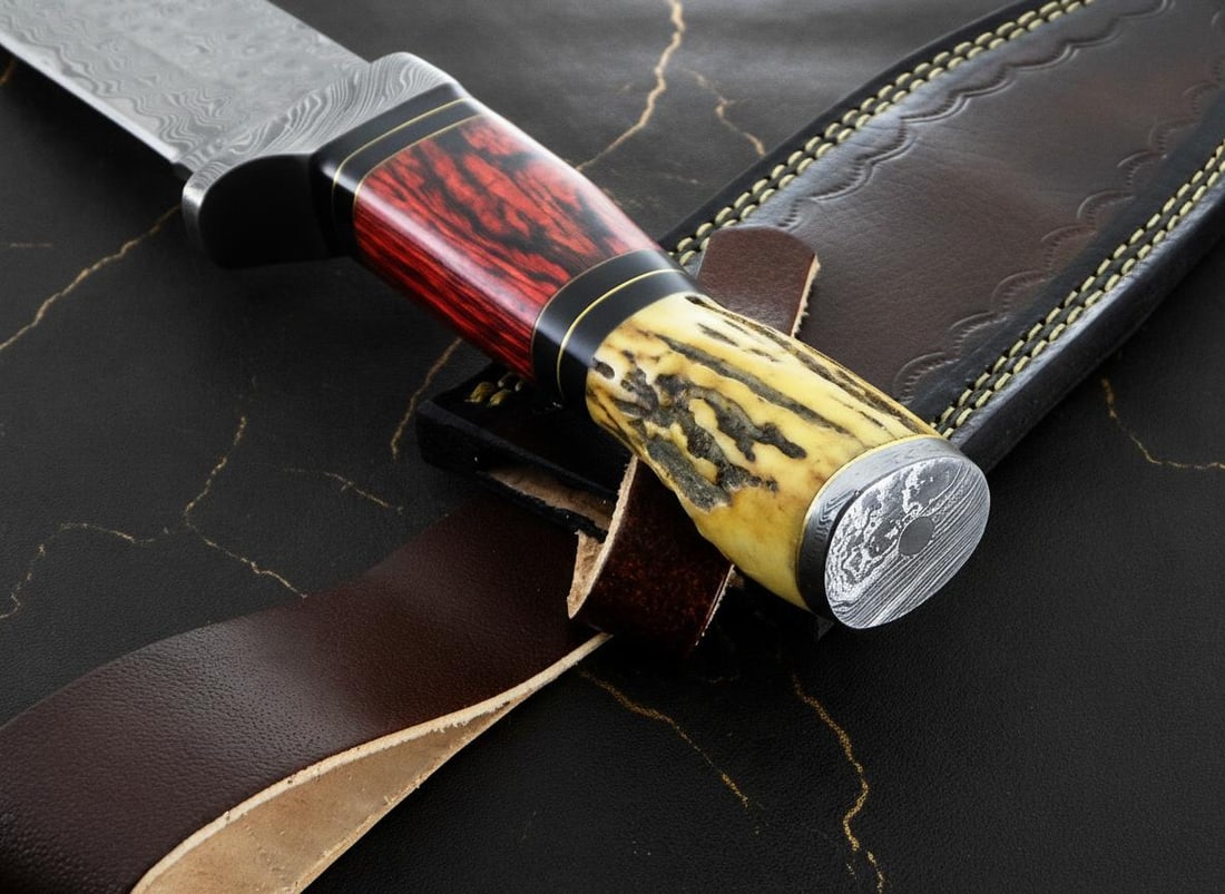 Custom Forged Damascus Steel Bowie Knife 13.5" with Stag Horn and Wood Handle for Hunting - 11