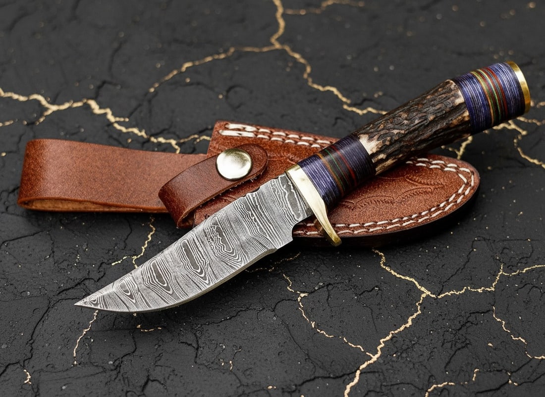 Handmade Damascus Steel Skinning Knife Stag Horn Handle Hunting Tool: Title:Handmade Damascus Steel Skinning Knife Stag Horn Handle Hunting Tool Description:This fixed blade knife features a sturdy, sharp Damascus steel blade and an ergonomic handle designed for comfort