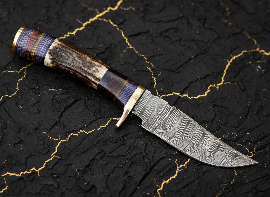 Handmade Damascus Steel Skinning Knife Stag Horn Handle Hunting Tool - 5