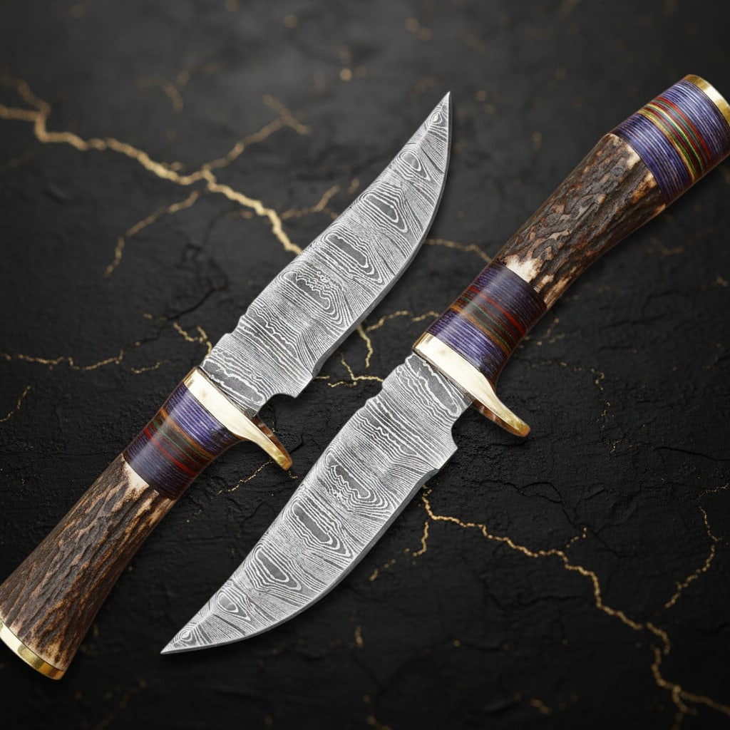 Handmade Damascus Steel Skinning Knife Stag Horn Handle Hunting Tool - 7