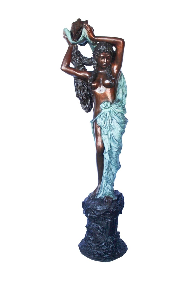 Half-naked woman holding a basket bronze statue Art Nude - Size: "L x "W x "H. (1 of 13)