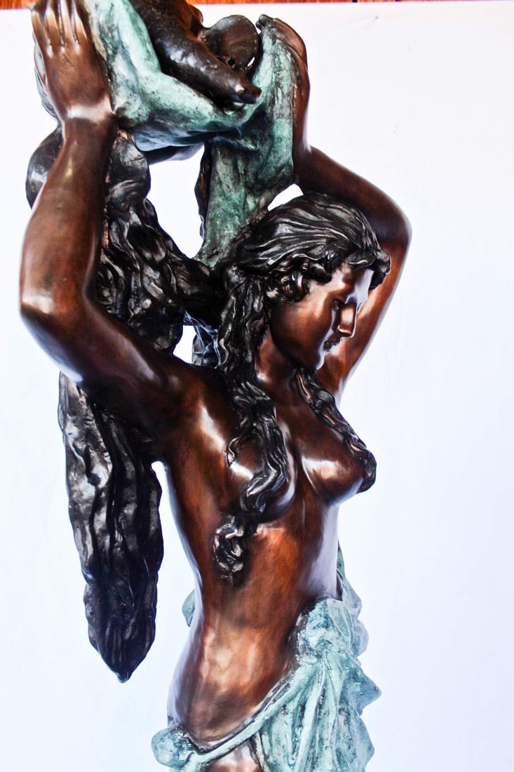 Half-naked woman holding a basket bronze statue Art Nude - Size: "L x "W x "H. - 9