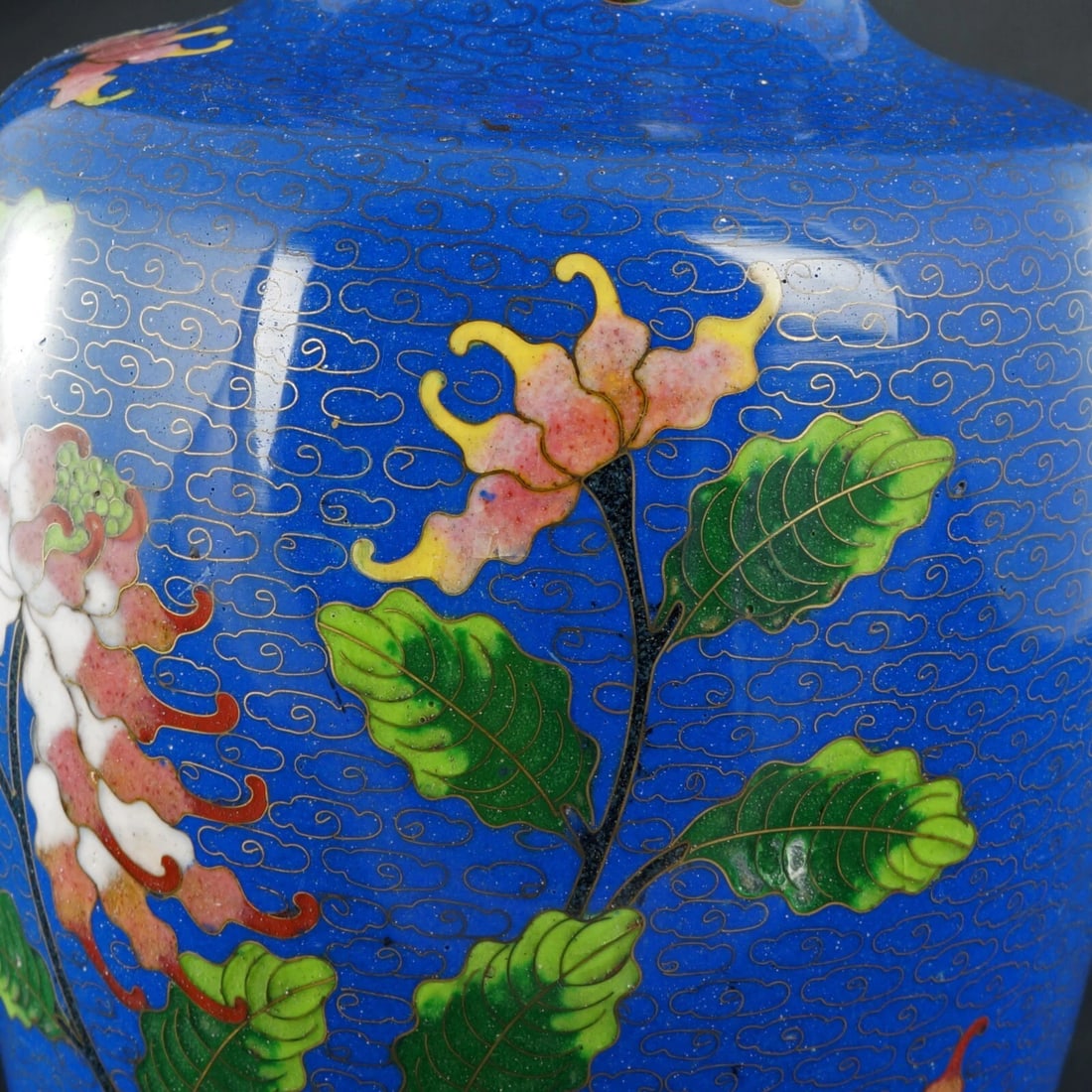 Chinese Blue Cloisonné Floral Vase c 1930s - 7