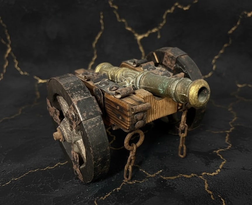Antique Spanish Artillery Model Copper Barrel Wood Stand Steel Studs: Title:Antique Spanish Artillery Model Copper Barrel Wood Stand Steel Studs Description:This vintage Spanish cannon replica is a beautifully crafted piece, featuring a detailed copper barrel accented