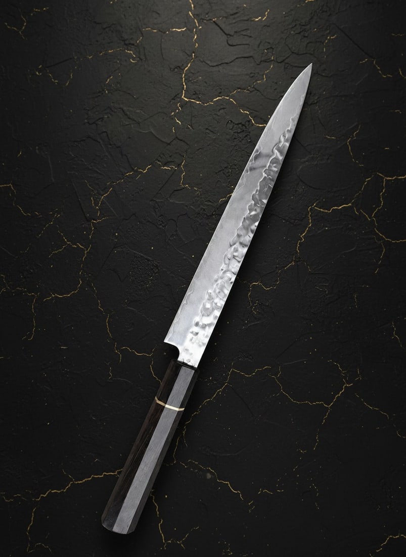 10.5" Hammered Slicing Knife 3-Layer 10Cr15 Steel Ebony Octagon Handle: Title:10.5" Hammered Slicing Knife 3-Layer 10Cr15 Steel Ebony Octagon Handle Description:This Japanese-style Sujihiki is a long, slim slicing knife designed for clean, single-pull cuts suitable for sa
