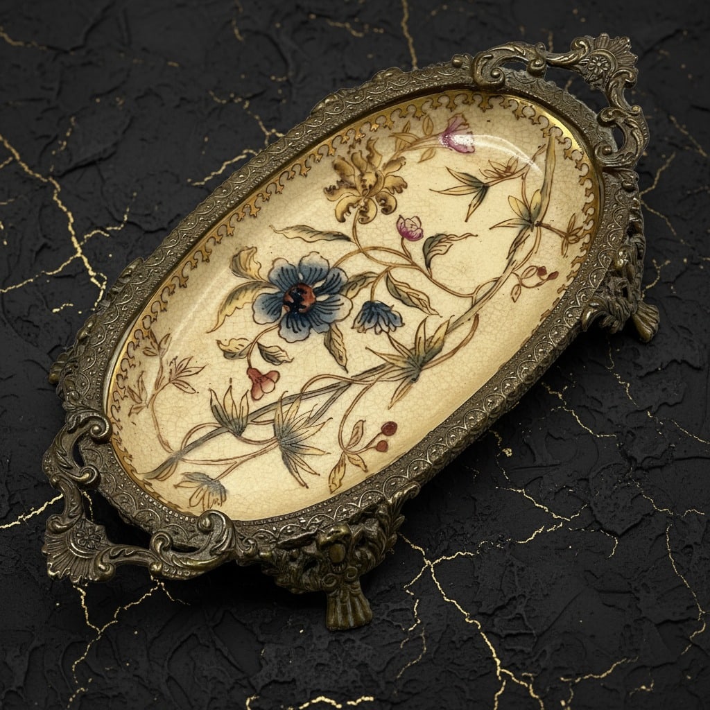 Ornate Brass and Porcelain Footed Trinket Dish Vintage Style Floral Tray (1 of 7)