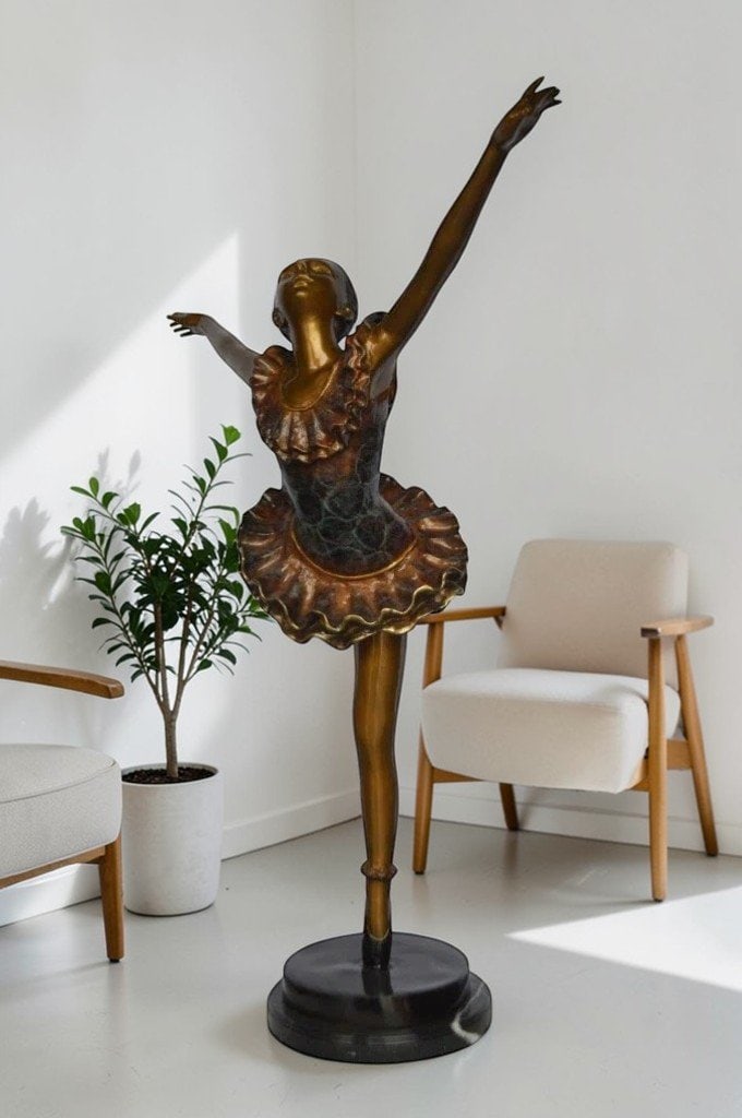 Ballet Dancer Dancing on one Leg Bronze Statue - Size: 35"L x 14"W x 47"H. - 4