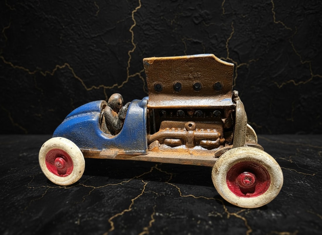 Old Fashioned Blue Metal Toy Racecar with Opening Hood Vintage Style: Title:Old Fashioned Blue Metal Toy Racecar with Opening Hood Vintage Style Description:This decorative reproduction cast iron car features authentic-looking hand-painted and distressed detailing to