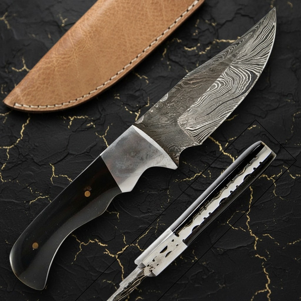 Hand-Forged 1095 Carbon Steel Hunting Knife Full Tang Buffalo Horn Handle: Title:Hand-Forged 1095 Carbon Steel Hunting Knife Full Tang Buffalo Horn Handle Description:This custom-made hunting knife features a hand-forged Damascus blade created by welding multiple layers of 1