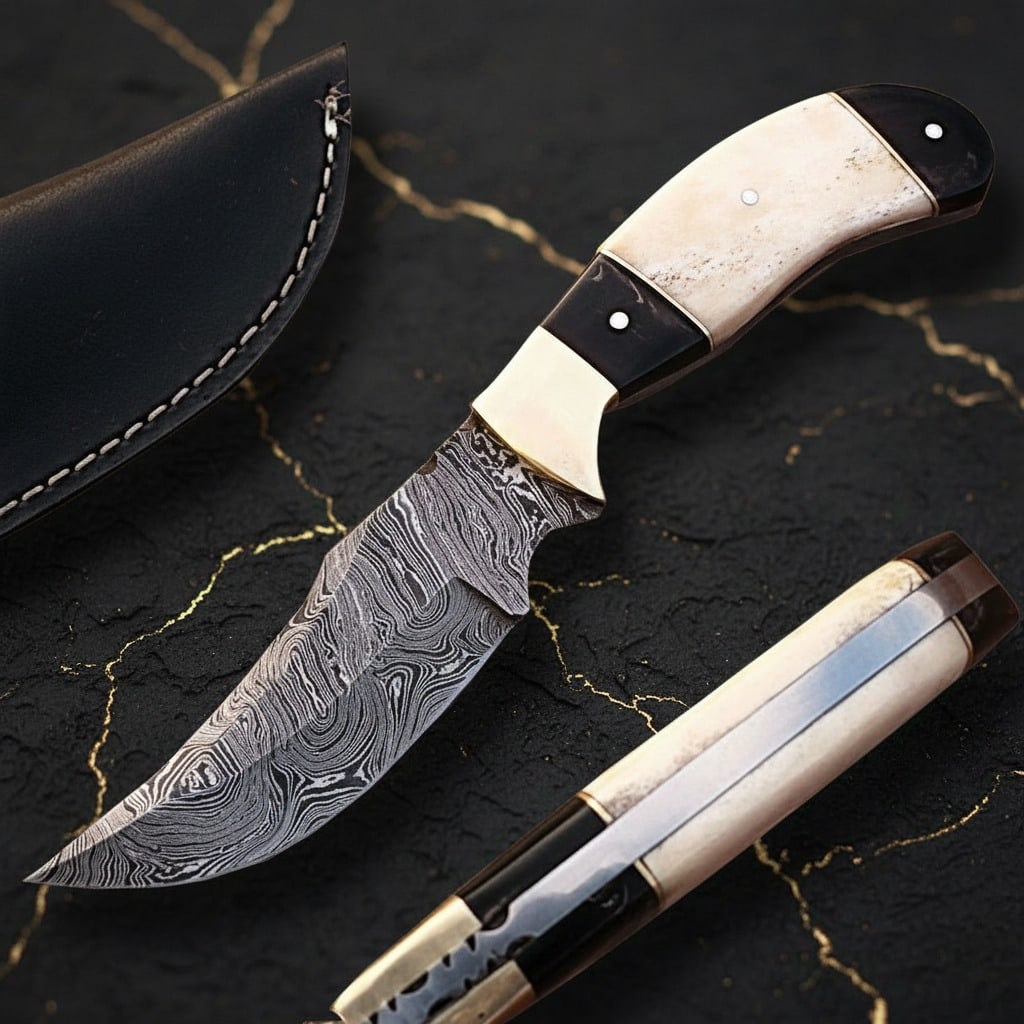 Handmade Damascus Steel Hunting Knife Buffalo Horn Handle Fixed Blade White: Title:Handmade Damascus Steel Hunting Knife Buffalo Horn Handle Fixed Blade White Description:This custom-made hunting knife features a Damascus steel blade crafted by forge welding layers of 15N20 an
