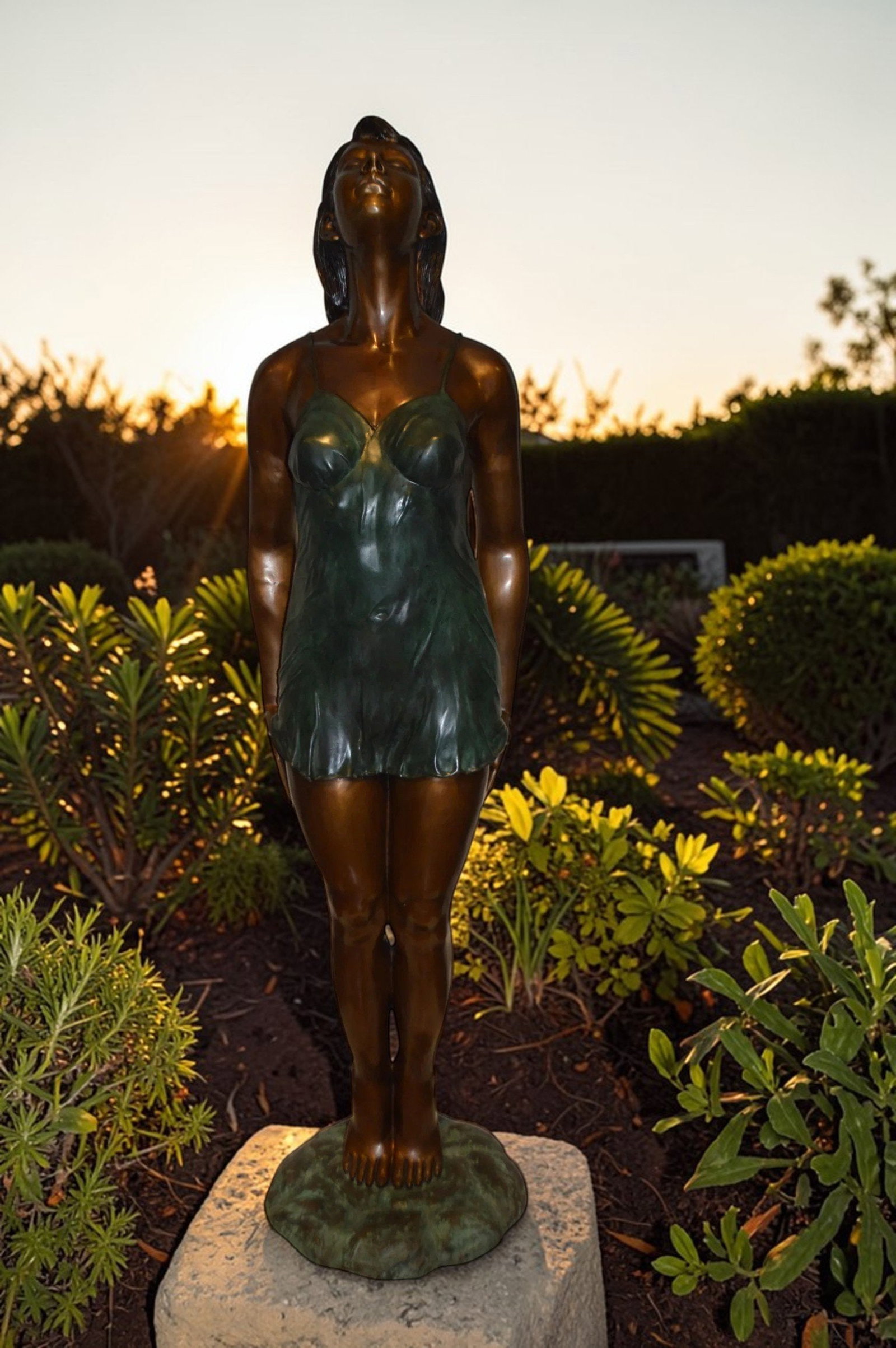 Spring Lady Watching The Sun Bronze Statue - Size: 18"L x 12"W x 64"H - 3