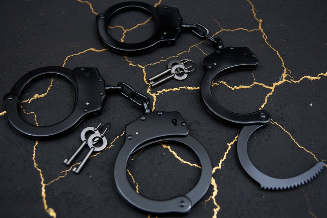 2pc Black Steel Handcuffs Double Lock Restraints Authentic Metal With Keys - 2