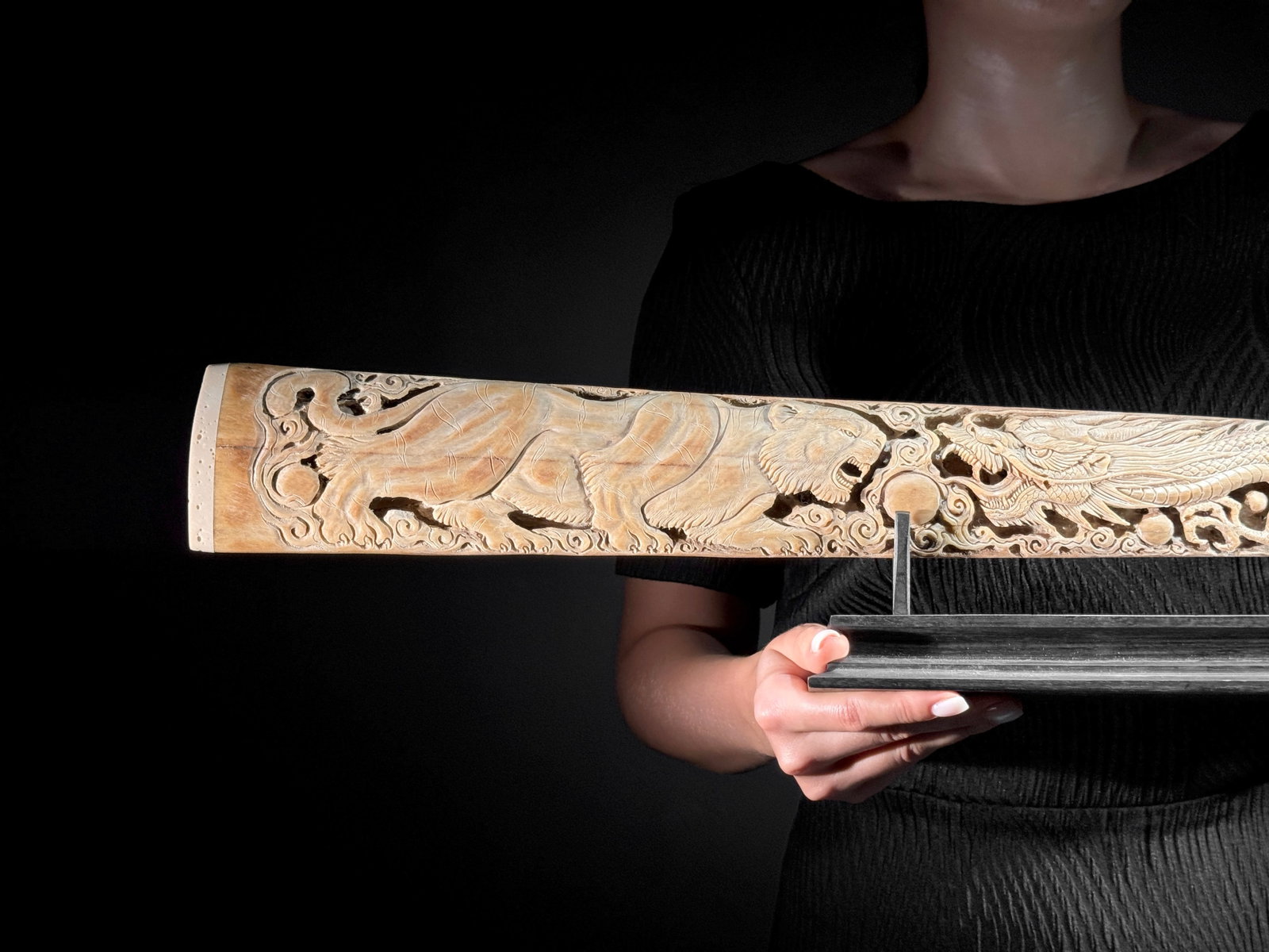 A large carved swordfish rostrum - Tiger dragon carving - 10