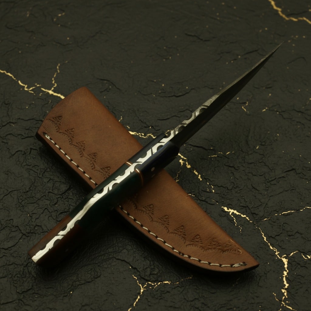 Hand-Forged Damascus Steel Bowie Skinner Knife w/ Leather Sheath Fixed Blade - 5