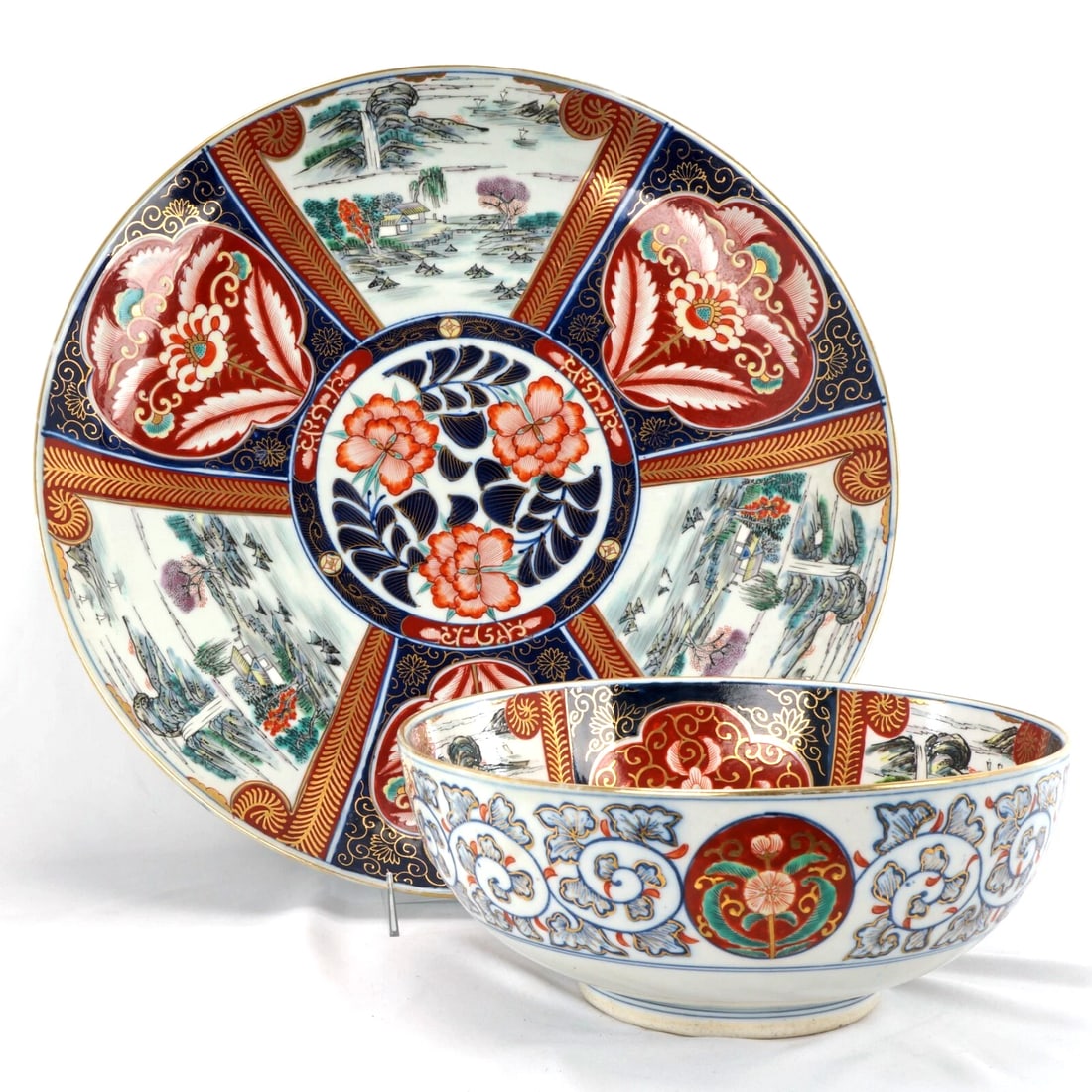 Large Japanese Imari Charger and Bowl c 1910: Title:Large Japanese Imari Charger and Bowl c 1910 Size:Charger - 18 in (45.7 cm) diameter x 2 3/8 in (5.9 cm) deep. Weighs 7 lbs 5 oz. Bowl - 10 ¾ in (27.3 cm) diameter x 4 ½ in (11.4
