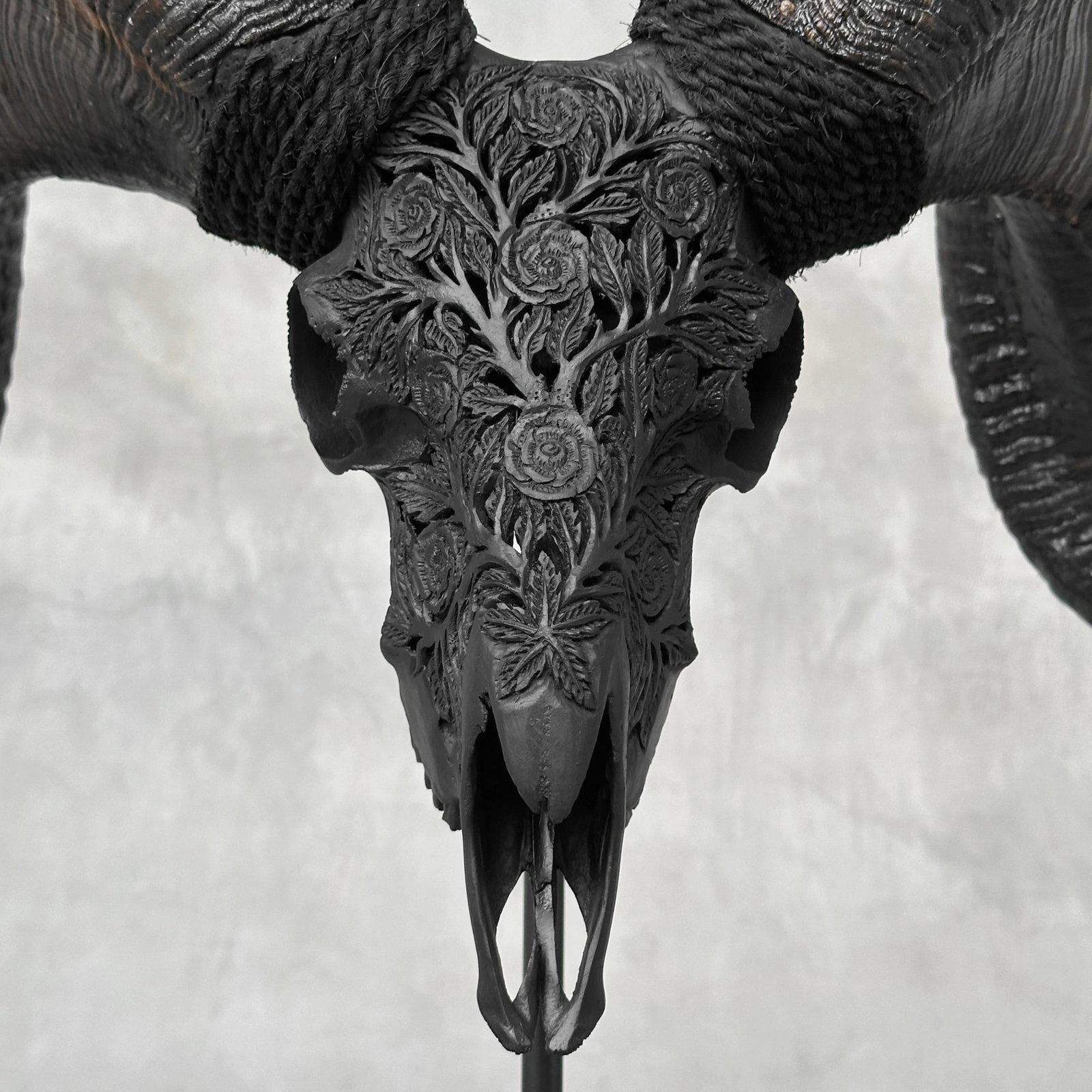 Carved black ram skull - Roses motif - 3