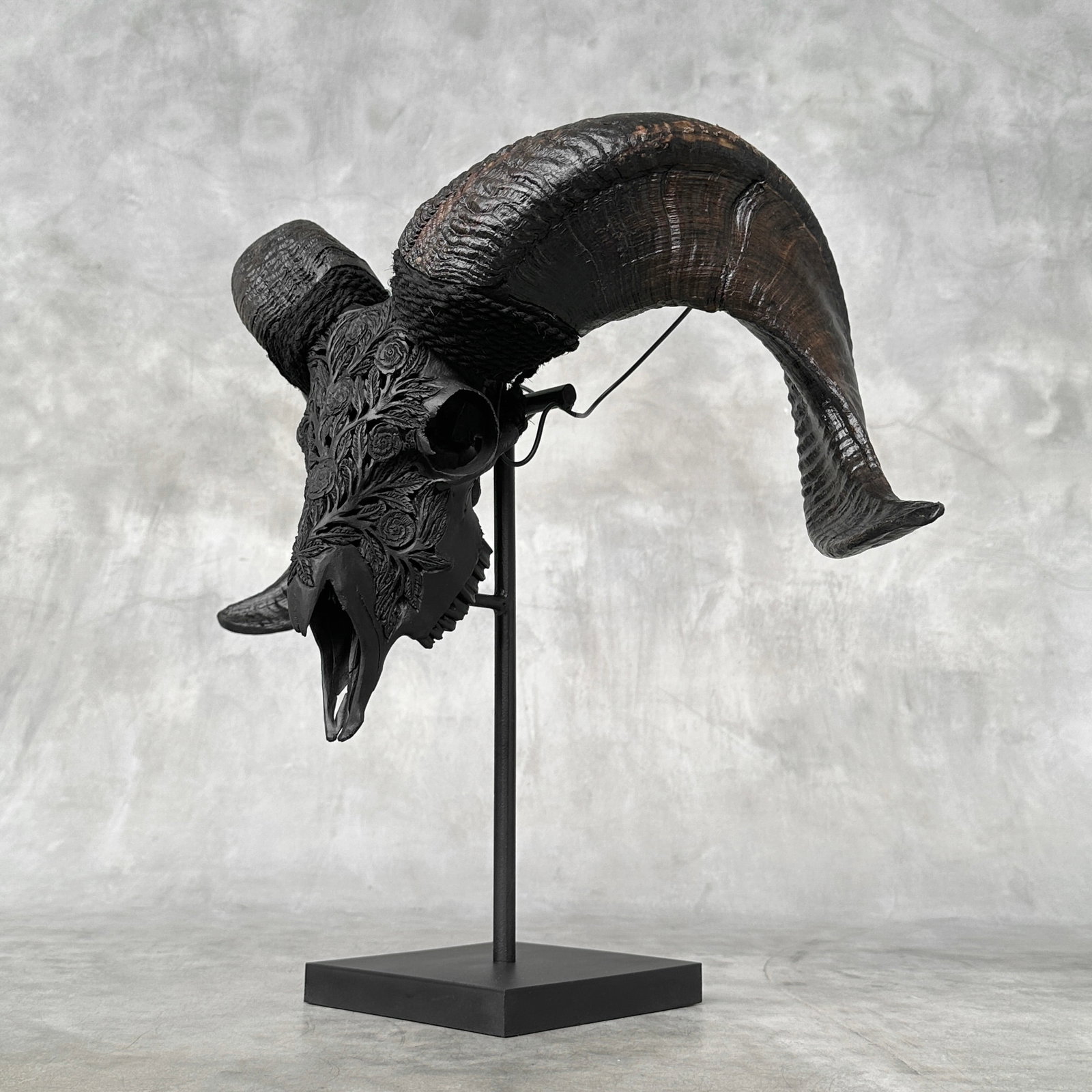 Carved black ram skull - Roses motif - 4