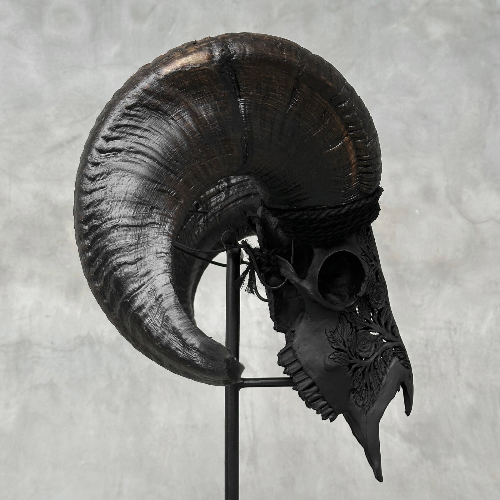 Carved black ram skull - Roses motif - 8