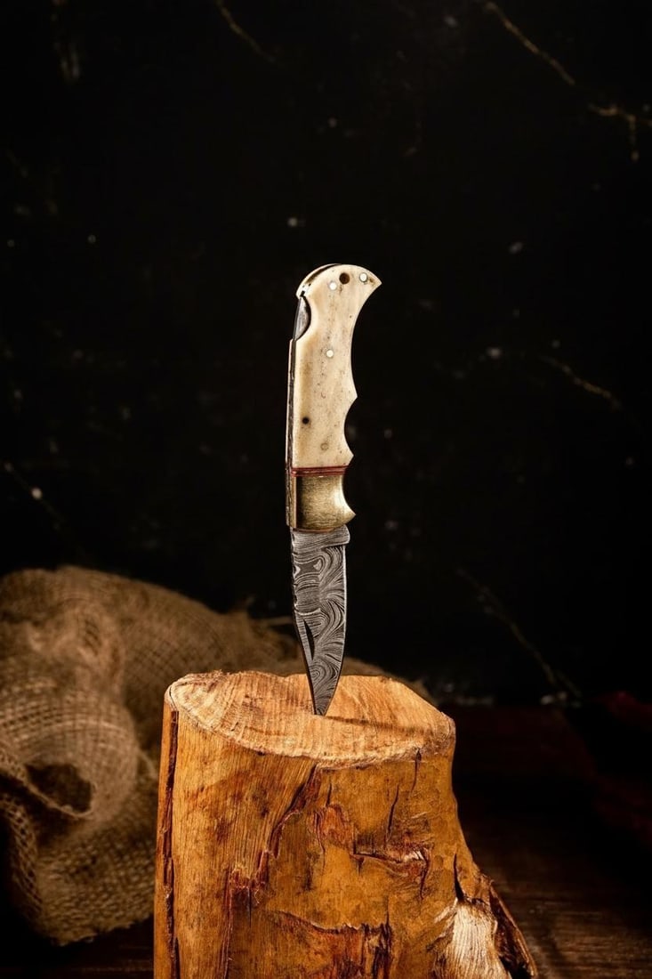 Custom Damascus Folding Pocket Knife with Ornate Camel Bone and Brass Filework - 4